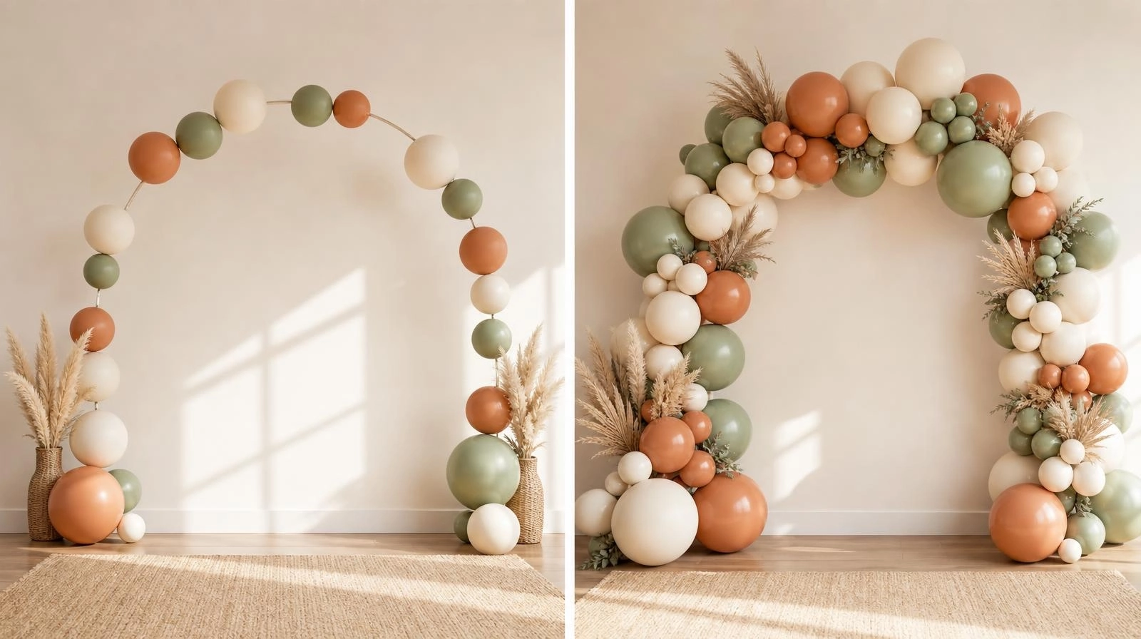 A side-by-side comparison showing a sparse, gappy balloon arch on the left and a full, tightly clustered arch on the right.