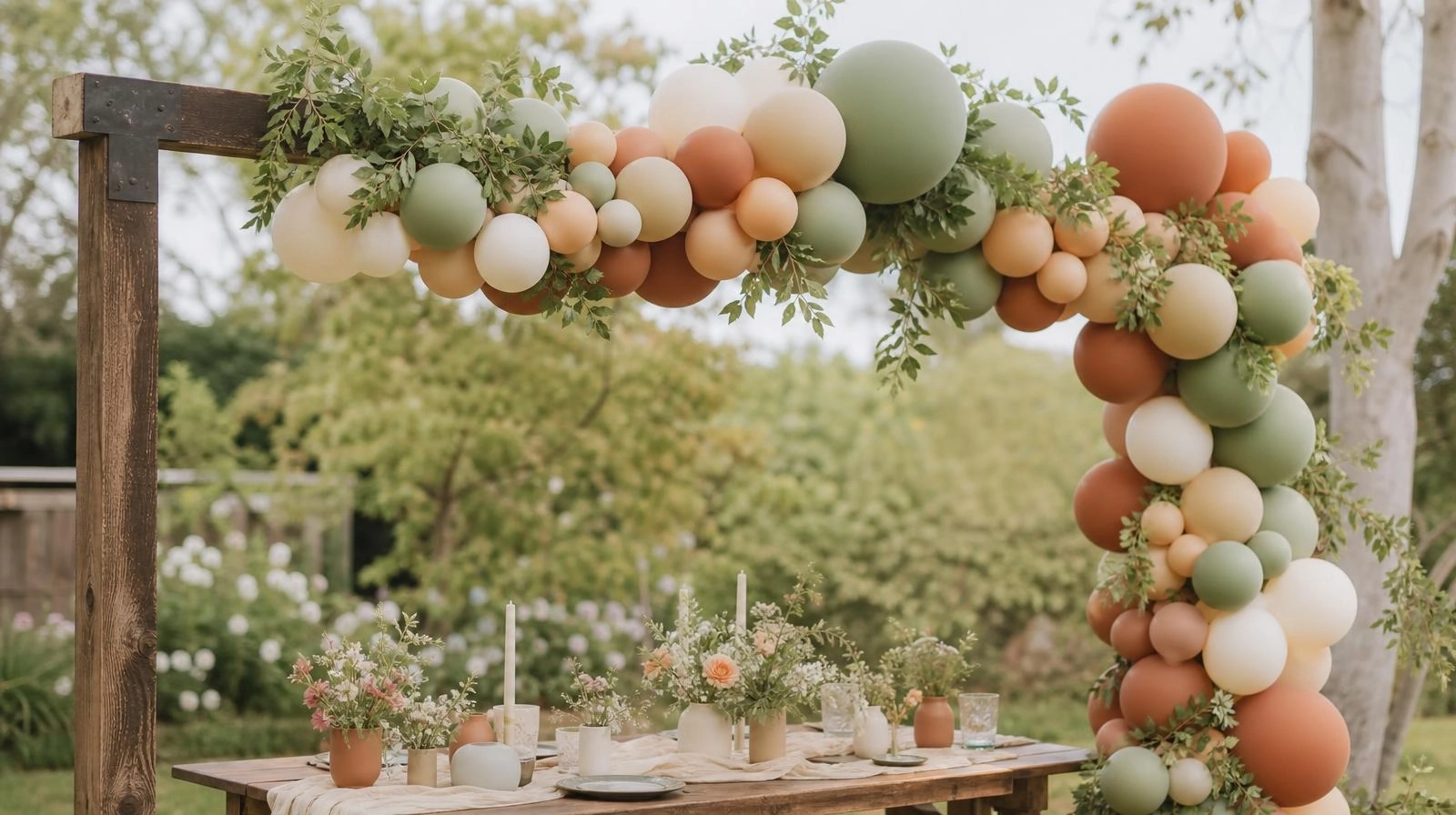 A lush boho balloon arch styled outside at a garden party, attached to a wooden backdrop stand next to a beautifully set table.