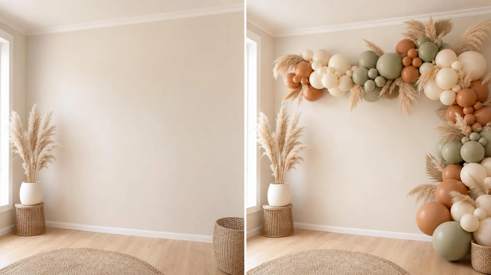 Before and after of a bare wall transformed with a DIY balloon garland