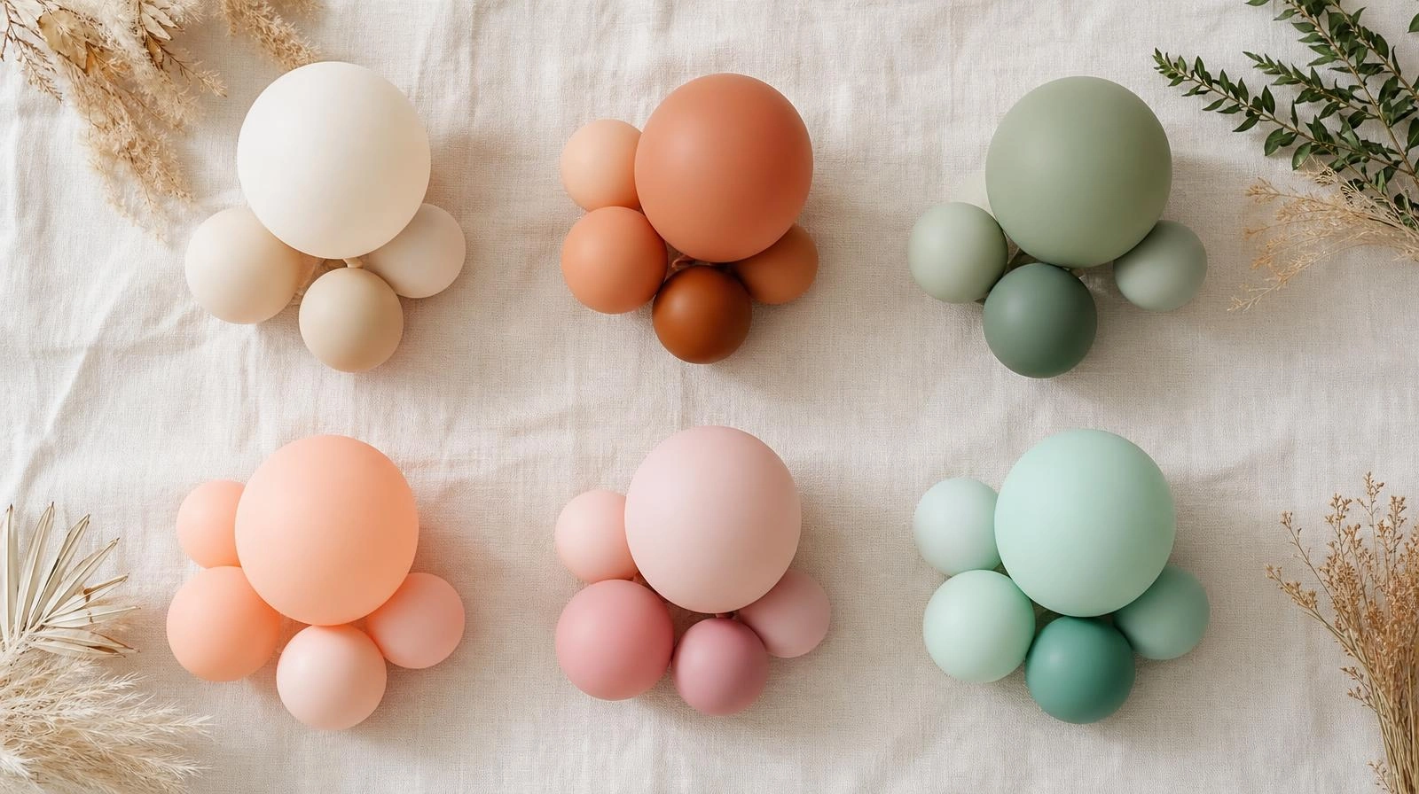 Balloon garland color palette ideas in boho neutral and pastel tones