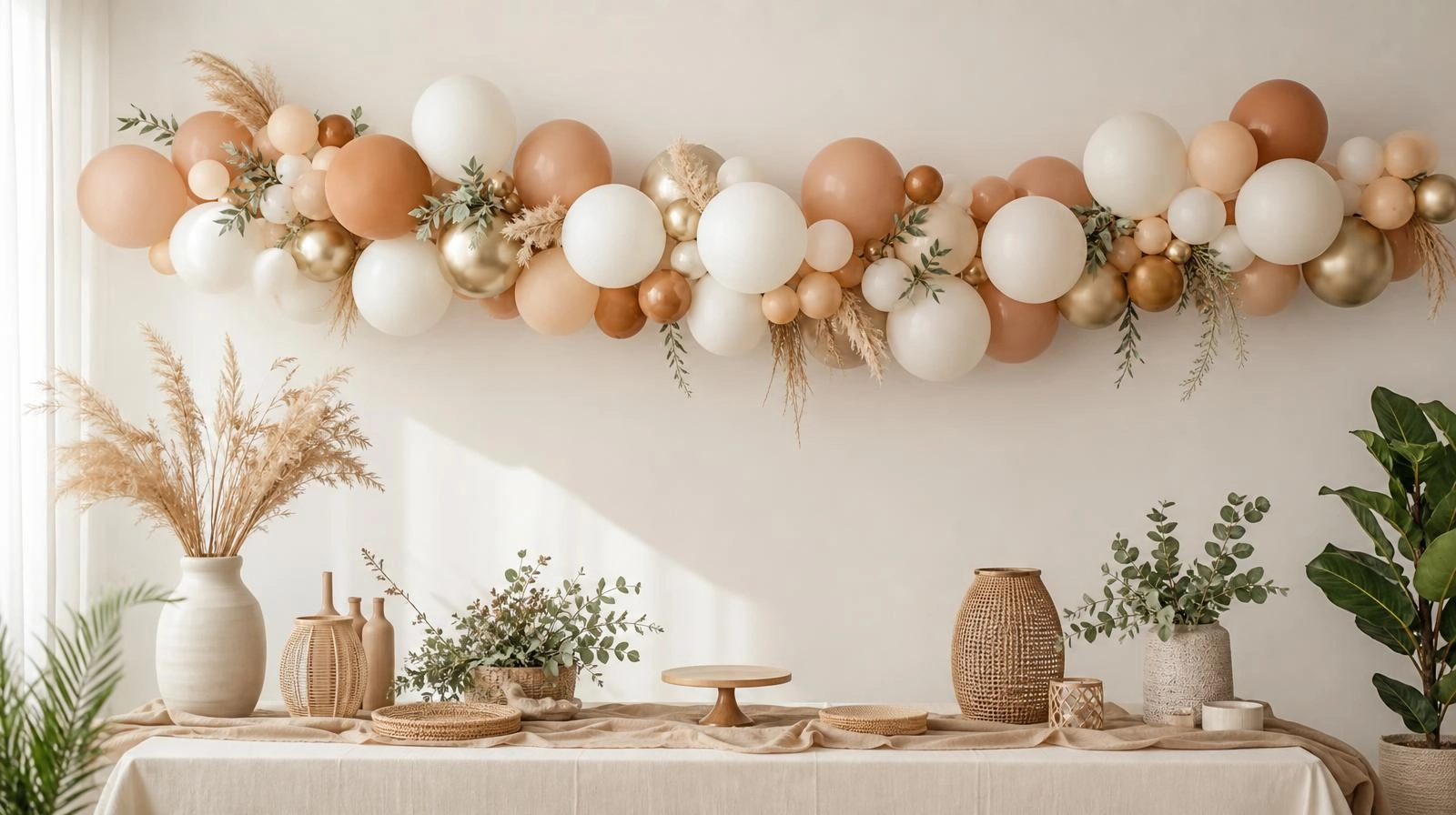 DIY balloon garland hung on a wall with command hooks