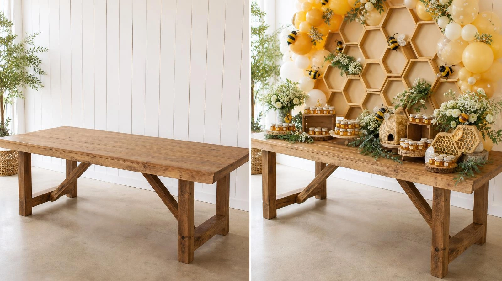 Before and after of a table styled for a honey bee baby shower