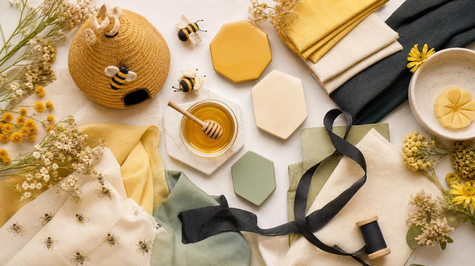 Honey bee baby shower color palette flat-lay in honey, gold and cream