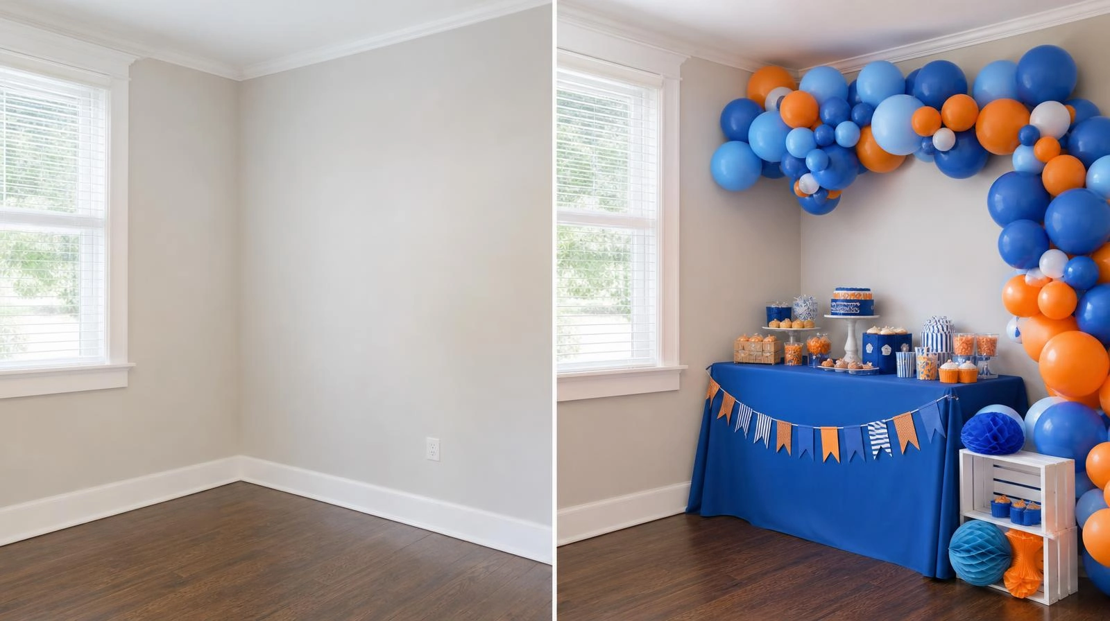 Before and after of a corner styled for a Bluey birthday party