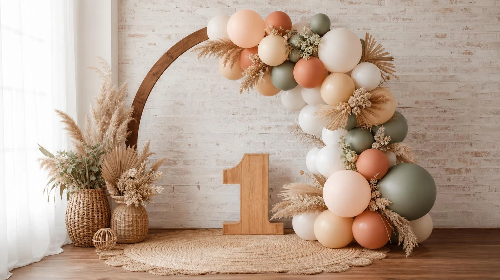 A stunning boho first birthday backdrop featuring a wooden arch, a full balloon garland in earthy tones, and tall pampas grass arrangements.