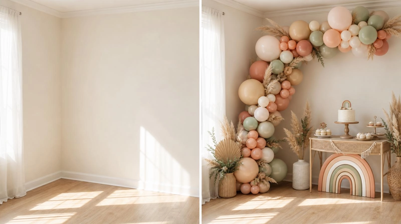 A side-by-side photo showing a plain living room corner next to the same corner styled beautifully with a boho rainbow balloon arch and wooden backdrop.