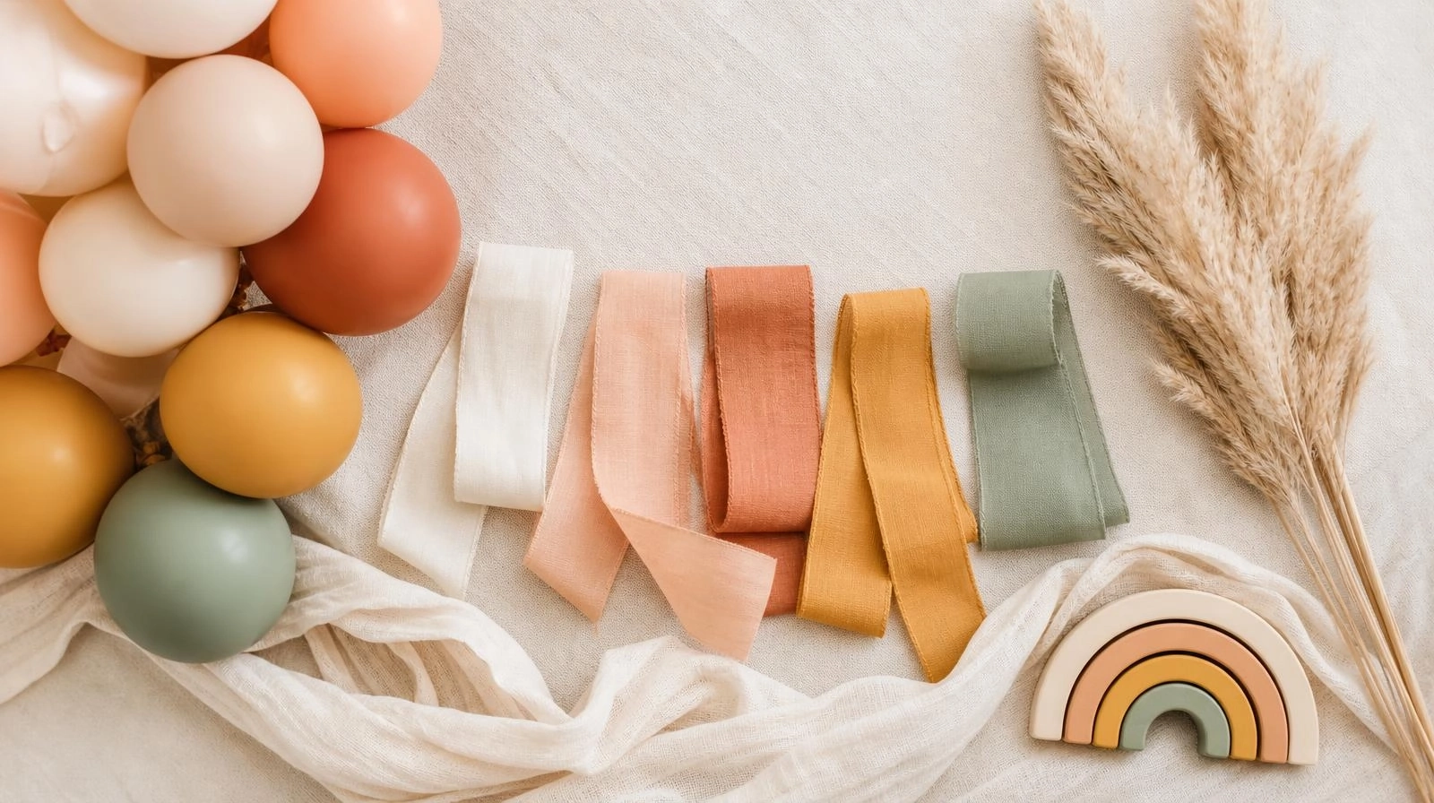 A flat-lay view of uninflated boho rainbow balloons showing soft colors like peach, terracotta, and sage on a clean background.