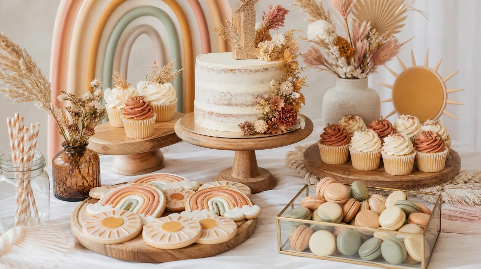 A perfectly styled boho dessert table featuring a two-tier cake, beautifully decorated cupcakes, and custom rainbow cookies on wooden stands.