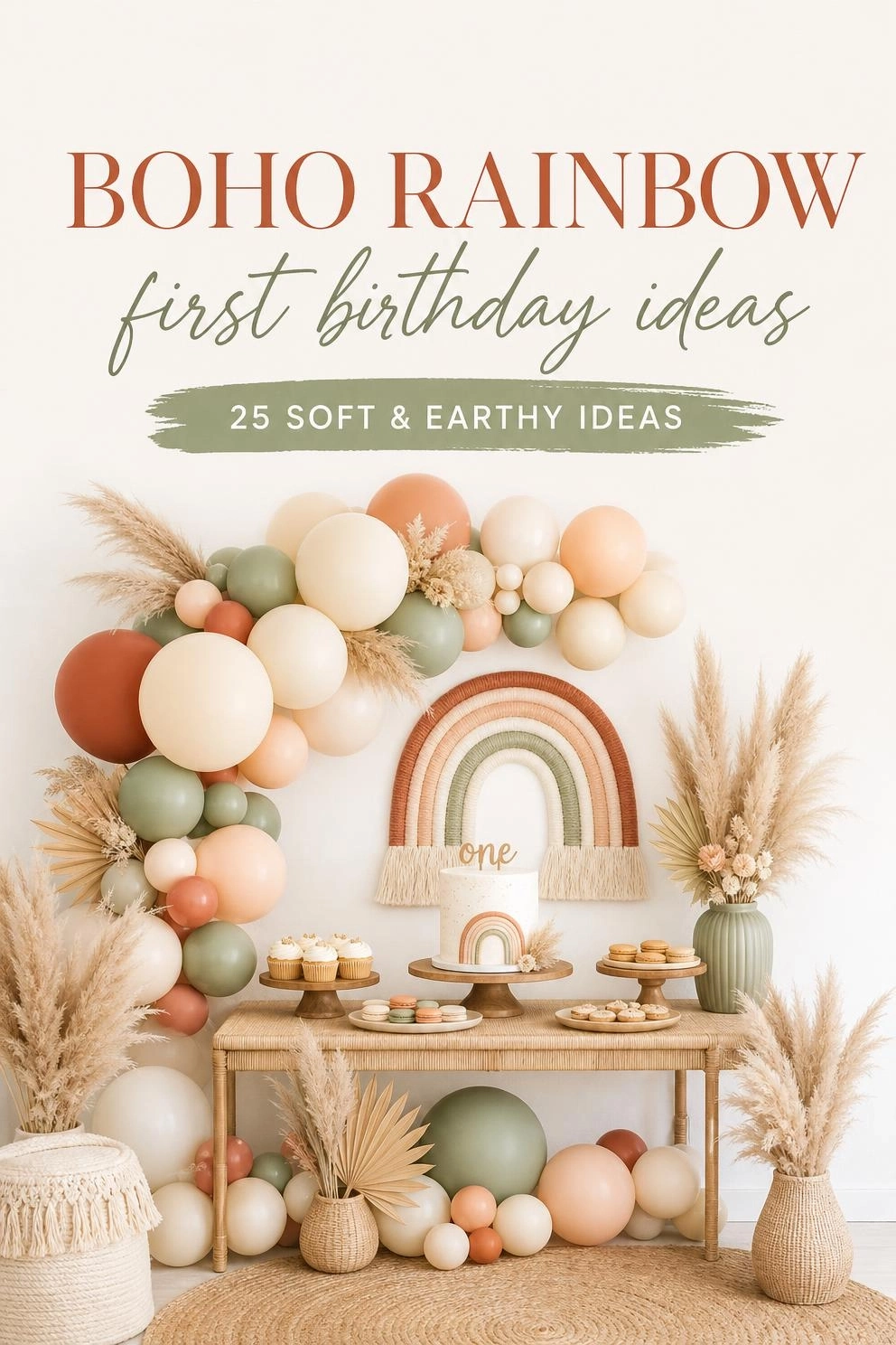 A Pinterest-ready graphic showing the text '25 Boho Rainbow First Birthday Ideas' over a muted earth-toned party background.