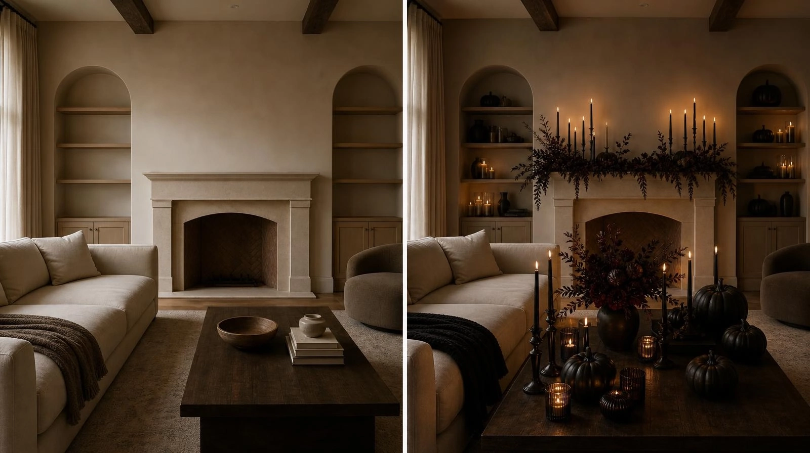 A side-by-side photo comparison of a plain living room versus the same room fully transformed with sophisticated Halloween decor and dramatic lighting.