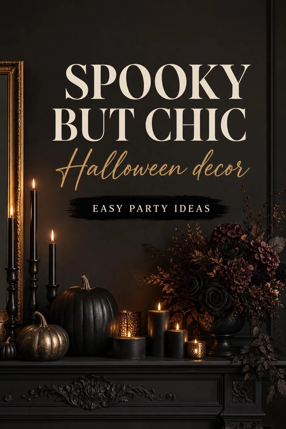 A Pinterest graphic overlaying text 'Halloween Party Decorations' on a spooky-but-chic party setting.