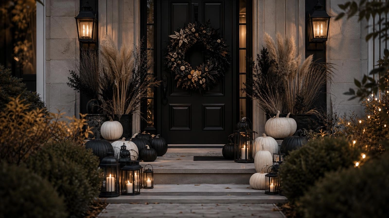 A stylish Halloween entryway decorated with varying sizes of white and natural pumpkins alongside large black metal lanterns.