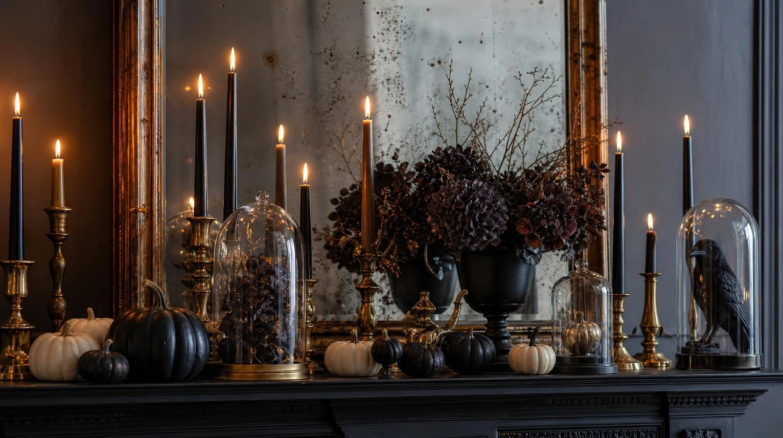A beautifully styled fireplace mantel featuring tall black taper candles, brass holders, and small white pumpkins for a chic Halloween look.