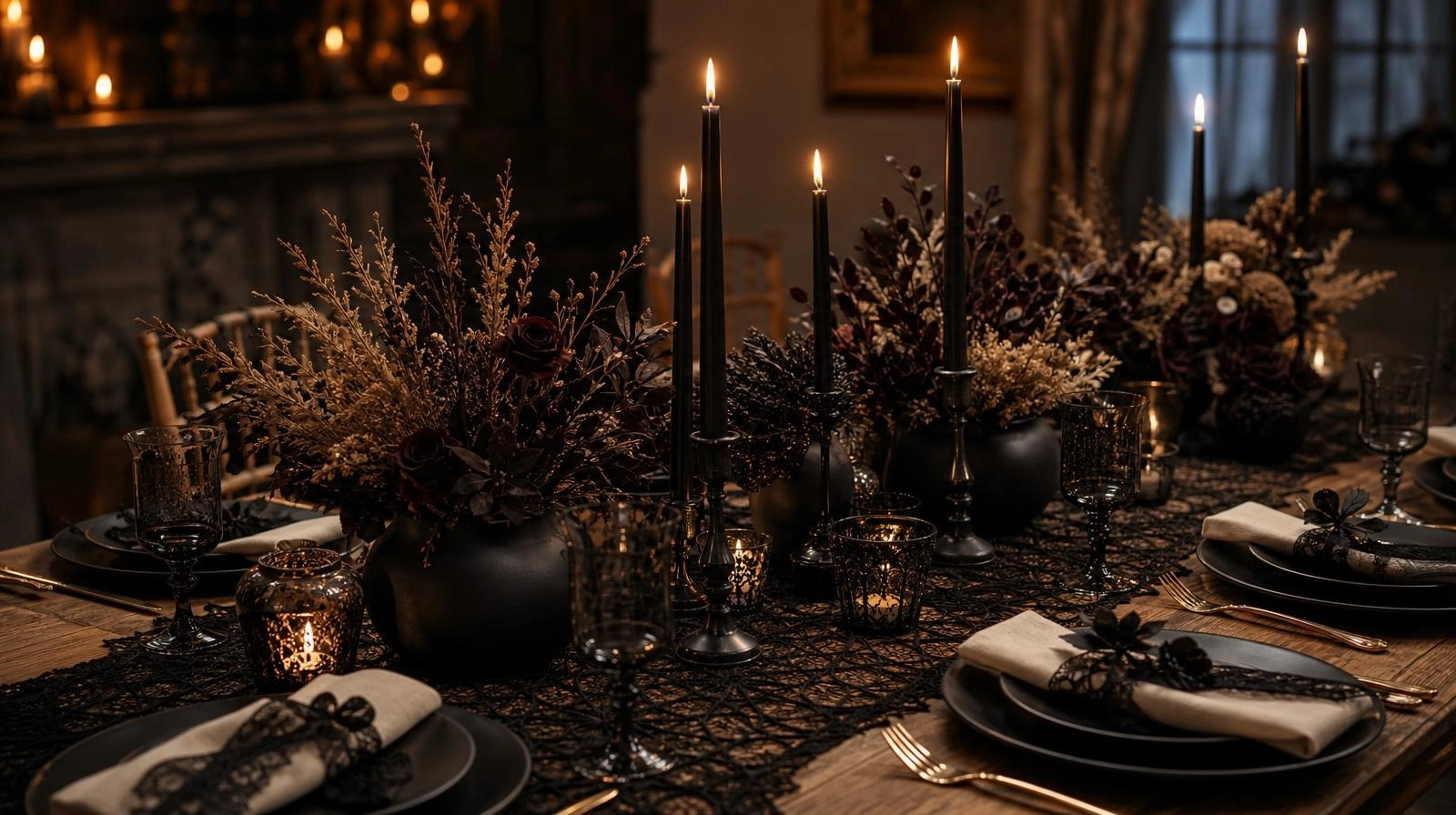 A moody Halloween dining table setup featuring a dark lace runner, burgundy florals, and glowing taper candles.