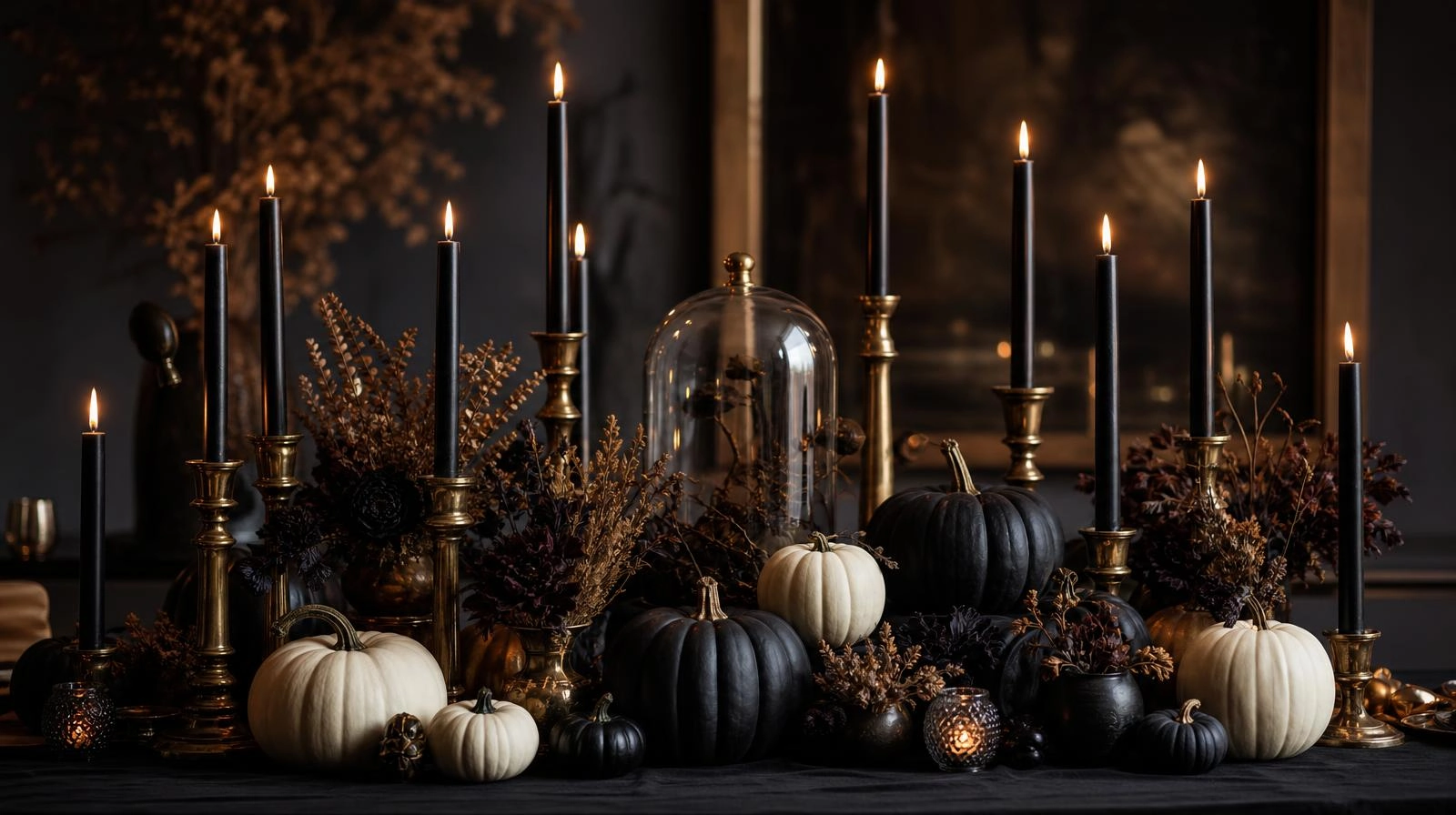 A moody Halloween table centerpiece with black and brass taper candles, dark florals, and a cluster of pumpkins.