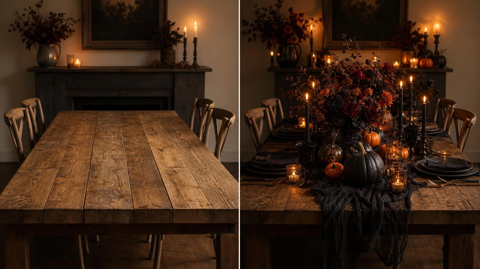 A side-by-side before-and-after of a plain table transformed into a moody, layered Halloween tablescape.
