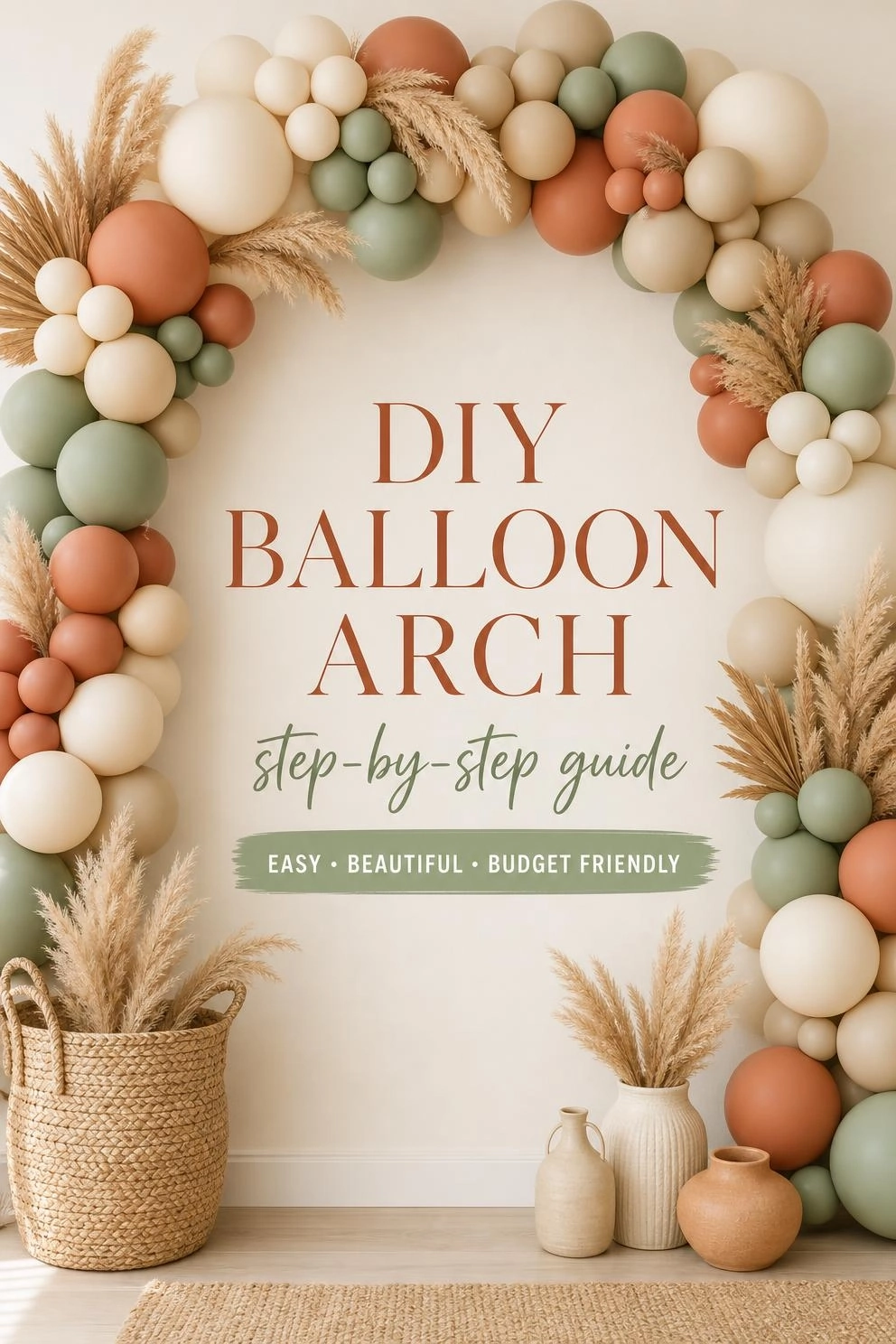 A Pinterest graphic showing a step-by-step DIY balloon arch setup, perfect for saving to a party planning board.