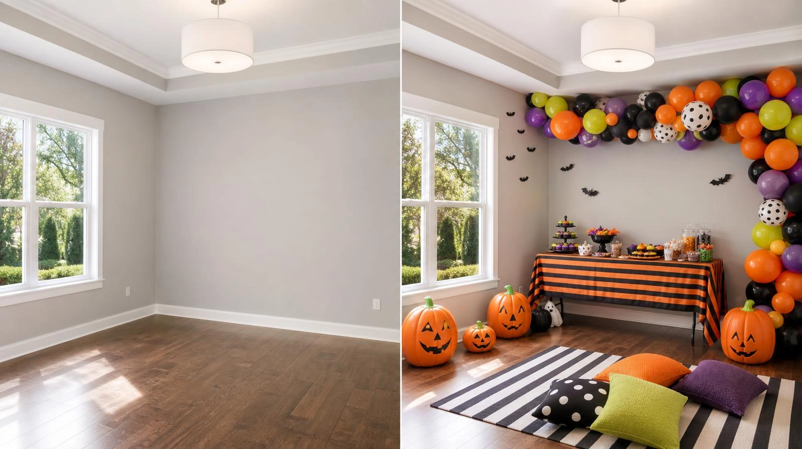 Before and after of a room decorated for a kids Halloween party