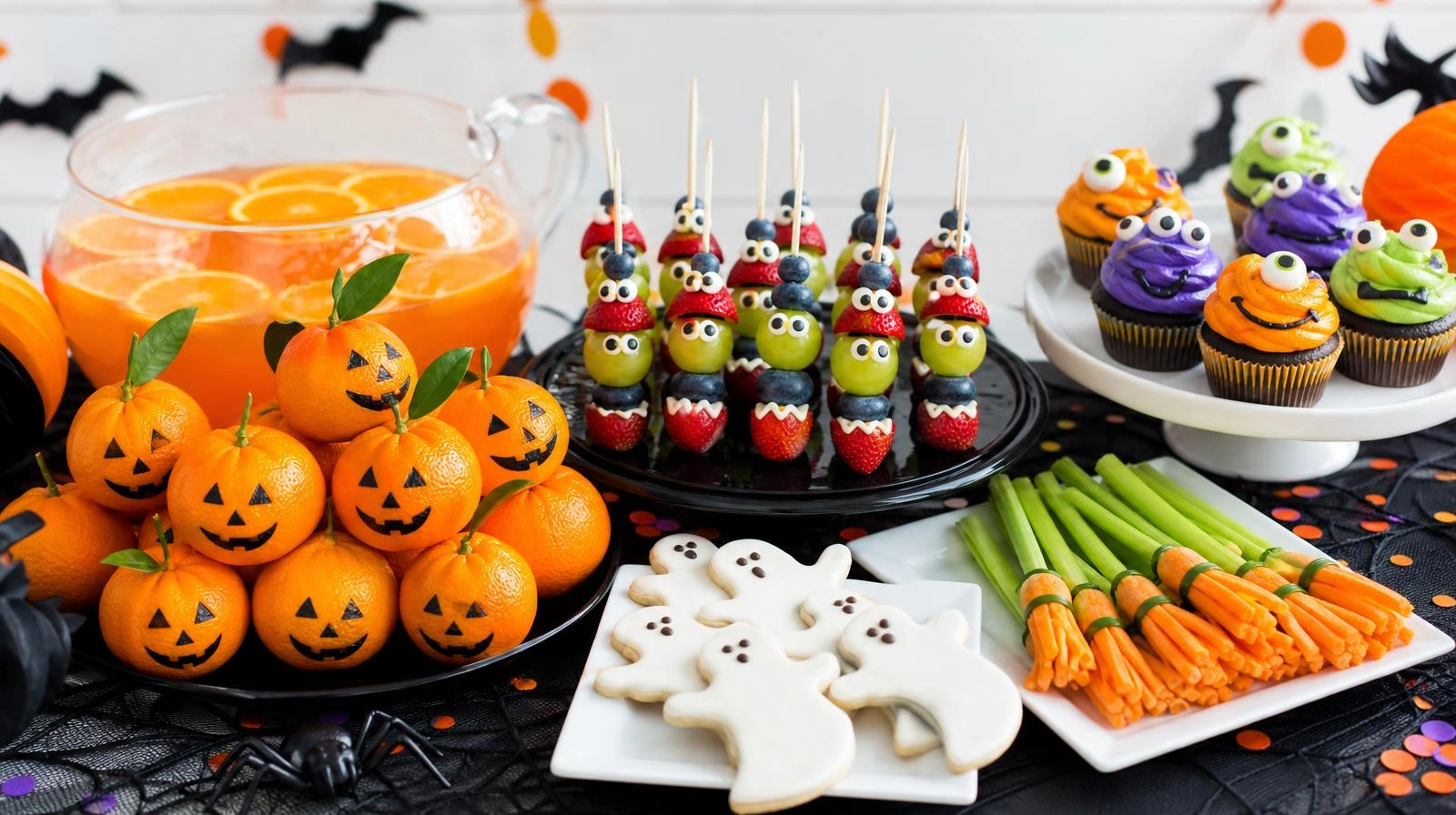 Friendly kids Halloween party food with pumpkin oranges and monster treats