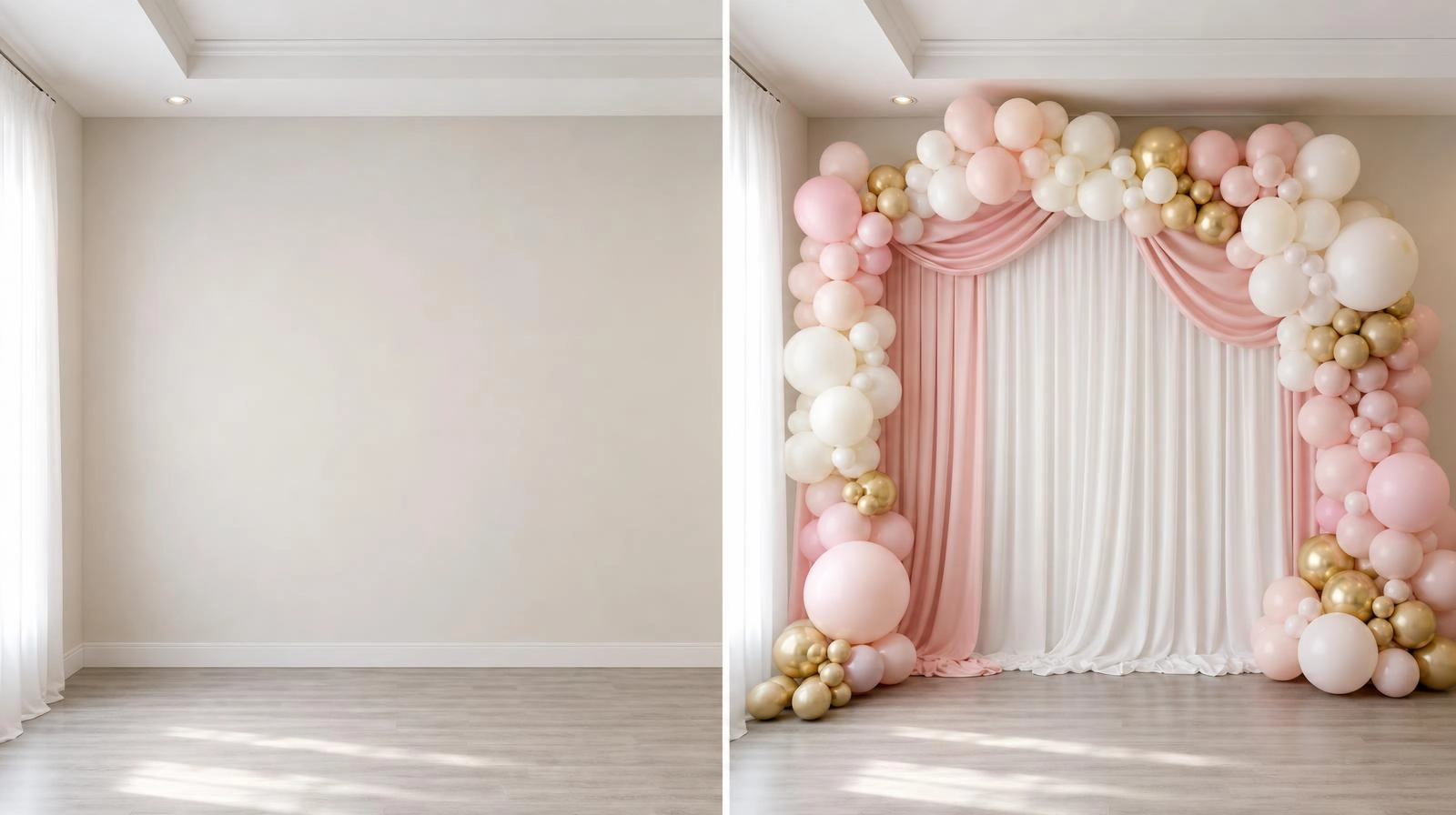 A side-by-side before-and-after of a bare wall turned into a styled party backdrop with a balloon garland and draped fabric.