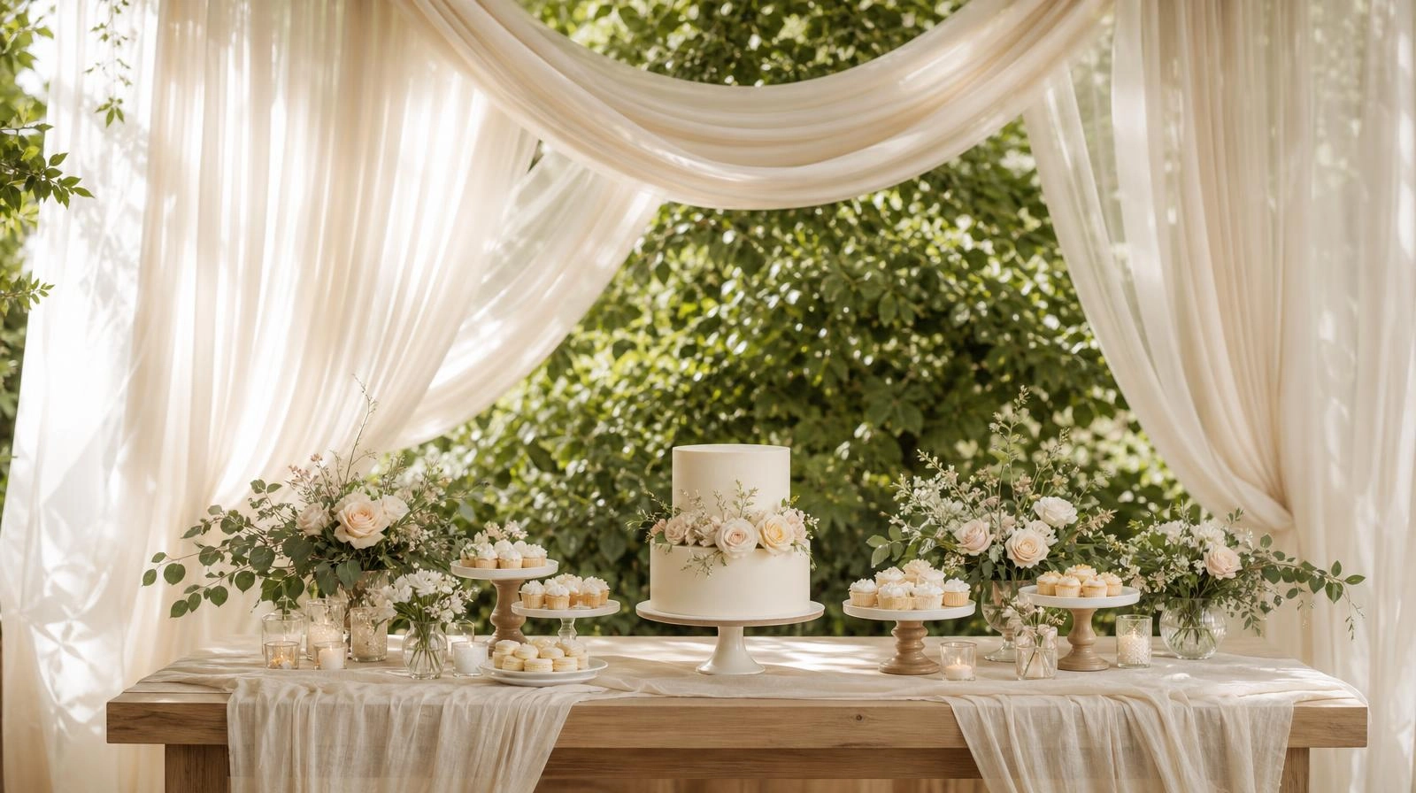 A draped muslin fabric party backdrop with greenery behind a dessert table, soft and romantic.