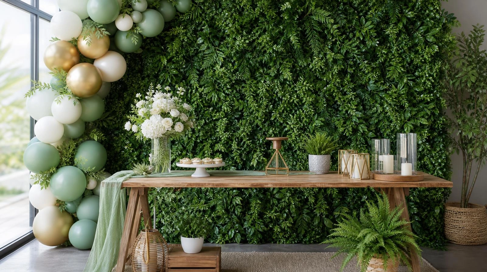 A greenery-wall party backdrop of lush faux leaves behind a styled table.