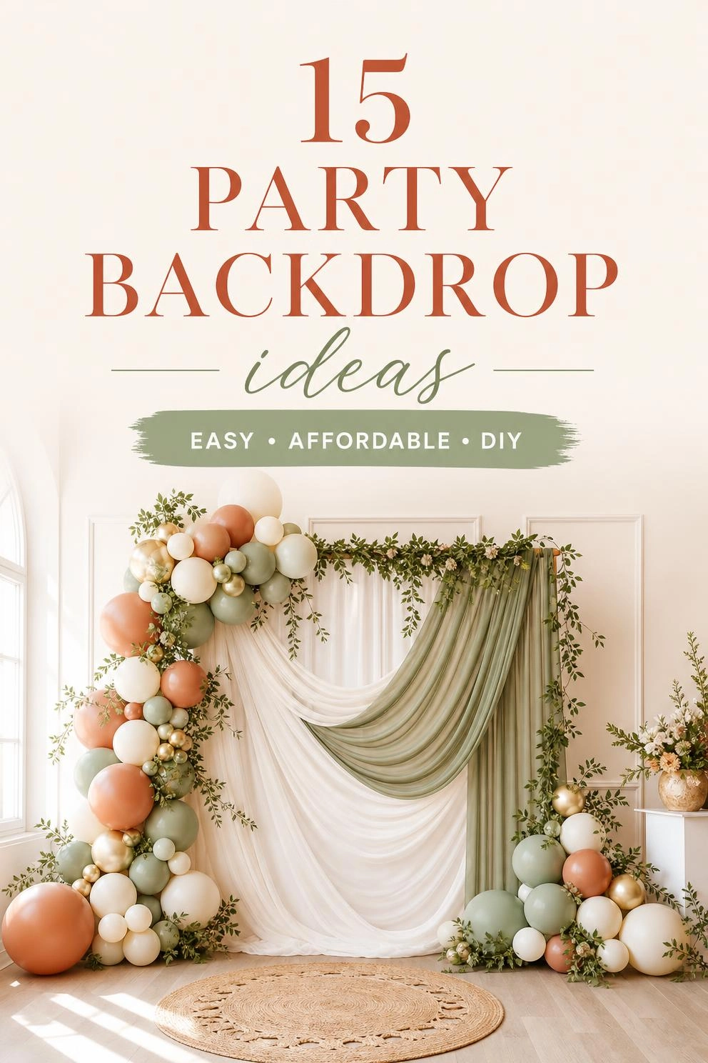 A Pinterest graphic with the text "15 Party Backdrop Ideas" over a styled balloon-and-fabric backdrop.