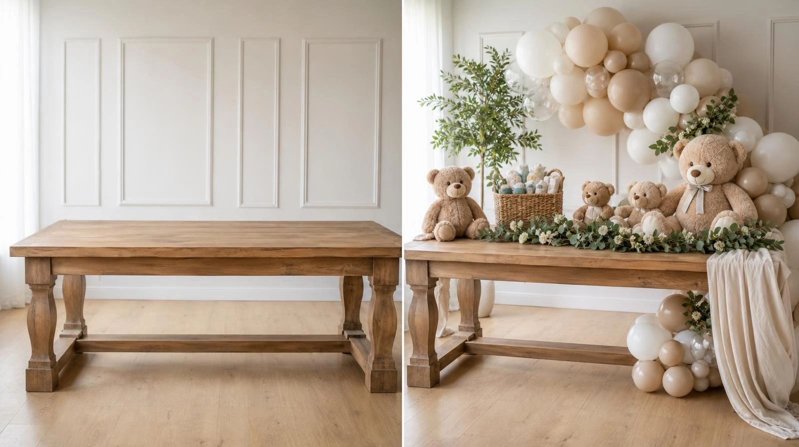 A side-by-side before-and-after of a plain table transformed into a cozy teddy bear baby shower setup.