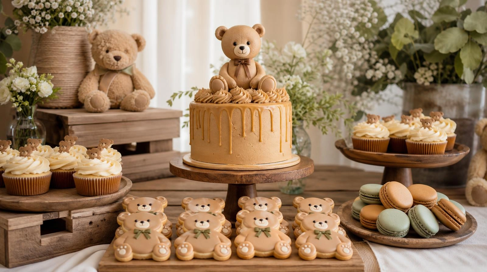 A teddy bear baby shower dessert table with a caramel cake, bear-shaped cookies, and cupcakes on wooden crates.