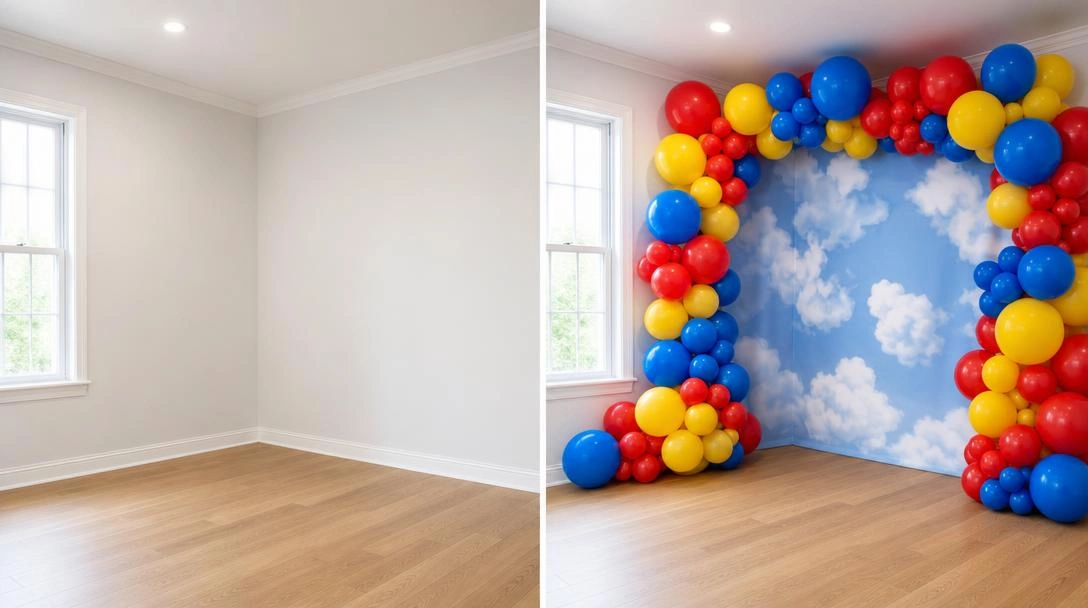 A side-by-side before-and-after of a plain corner transformed into a Toy Story party corner with a cloud backdrop and balloon garland.