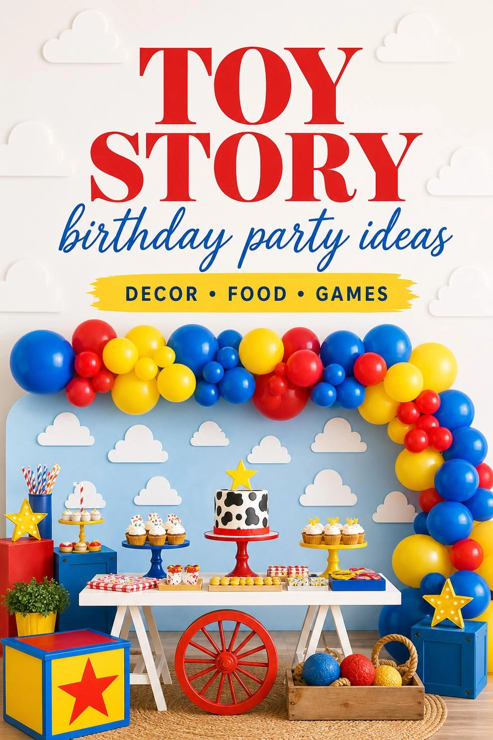 A Pinterest graphic with the text "Toy Story Birthday Party Ideas" over a bright primary-color party setup.