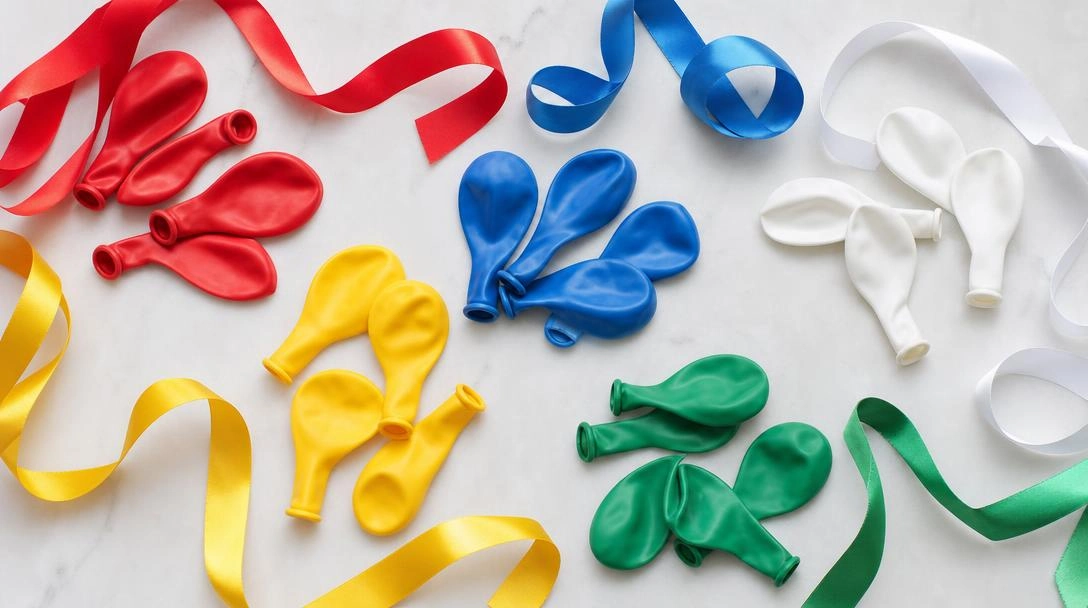 A flat-lay Toy Story party color palette showing matte balloons and ribbon swatches in red, yellow, blue, green, and white.