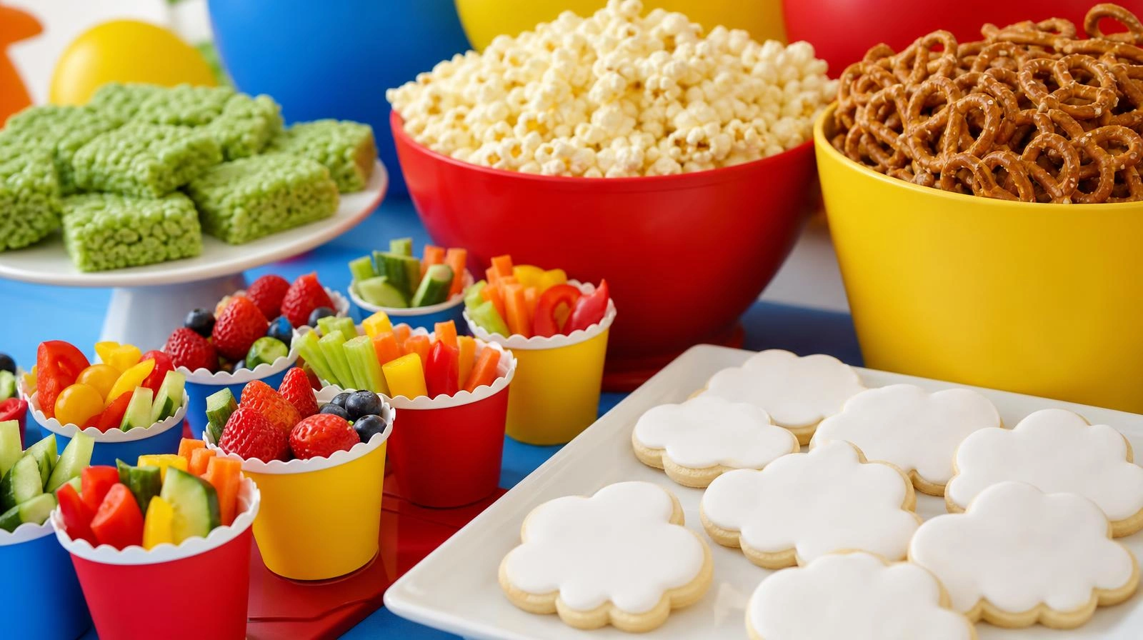 A Toy Story party food table with green alien treats, popcorn, primary-color fruit cups, and cloud-shaped cookies.