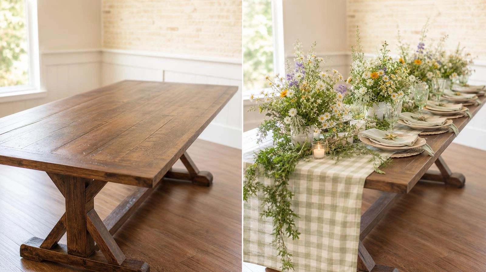 A side-by-side comparison showing a plain empty table next to the same table beautifully styled with a gingham runner and meadow-style centerpieces.