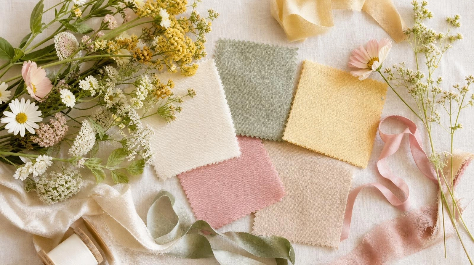 A flat-lay view of a wildflower baby shower color palette showing cream, sage, butter yellow, and dusty pink swatches.