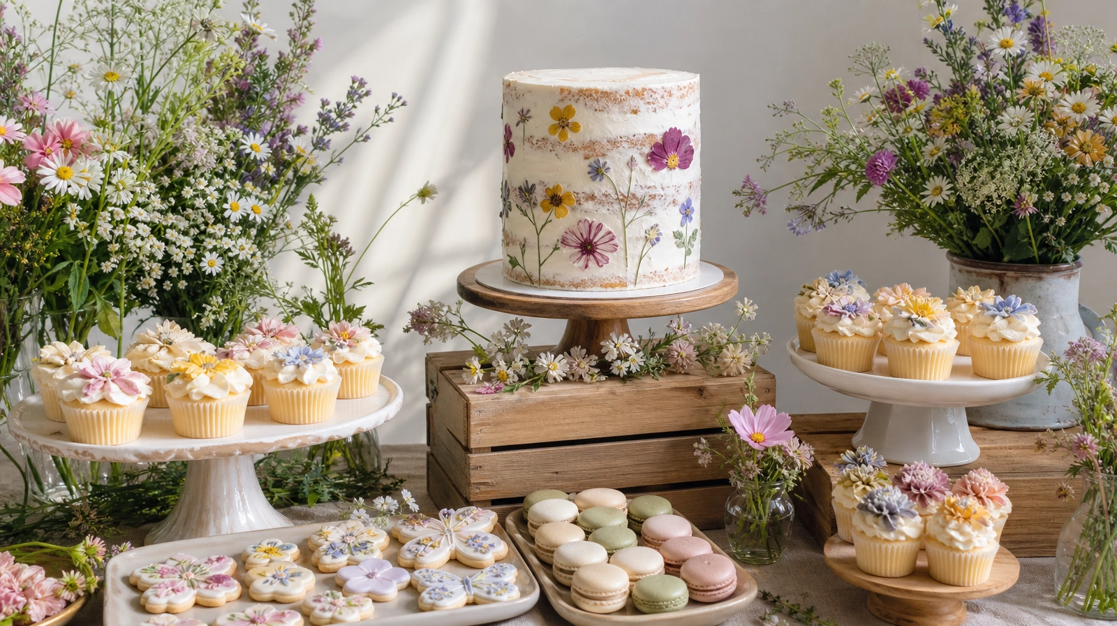 A baby shower dessert table featuring a beautiful floral cake, butterfly cookies, and pastel macarons arranged on wooden cake stands.